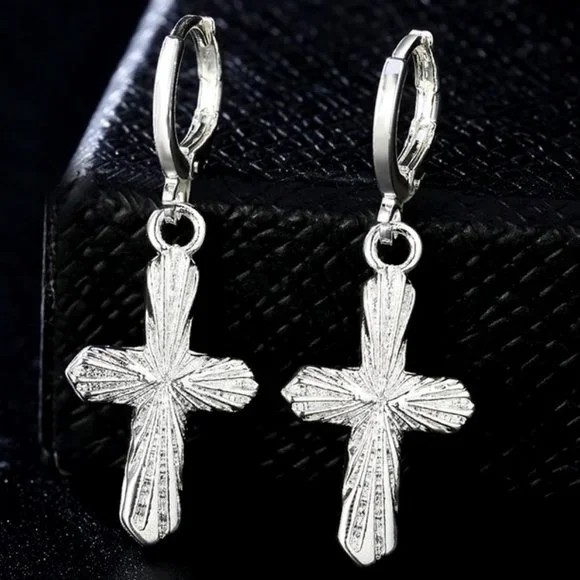 Gorgeous Sunburst Cross Hanging Earring's 925 Solid Sterling Silver - Picture 2 of 6